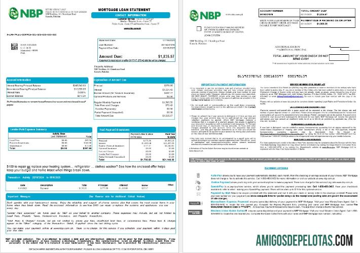 Declaração de empréstimo hipotecário NBP do Paquistão em formatos Word e PDF, 8 páginas 1 2 amostra